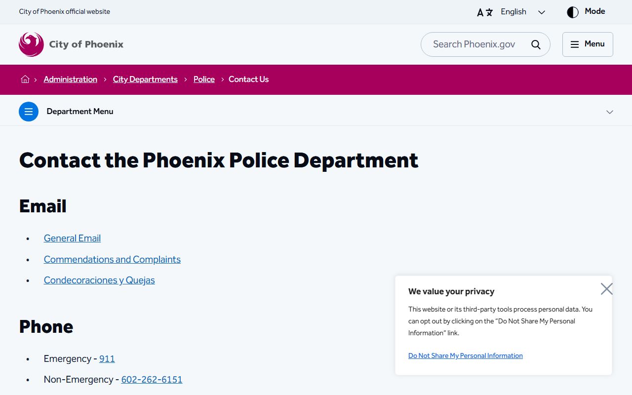 Phoenix Police Department contact information