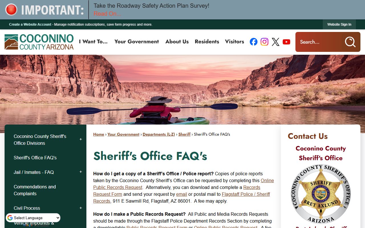 Coconino County Sheriff FAQs page