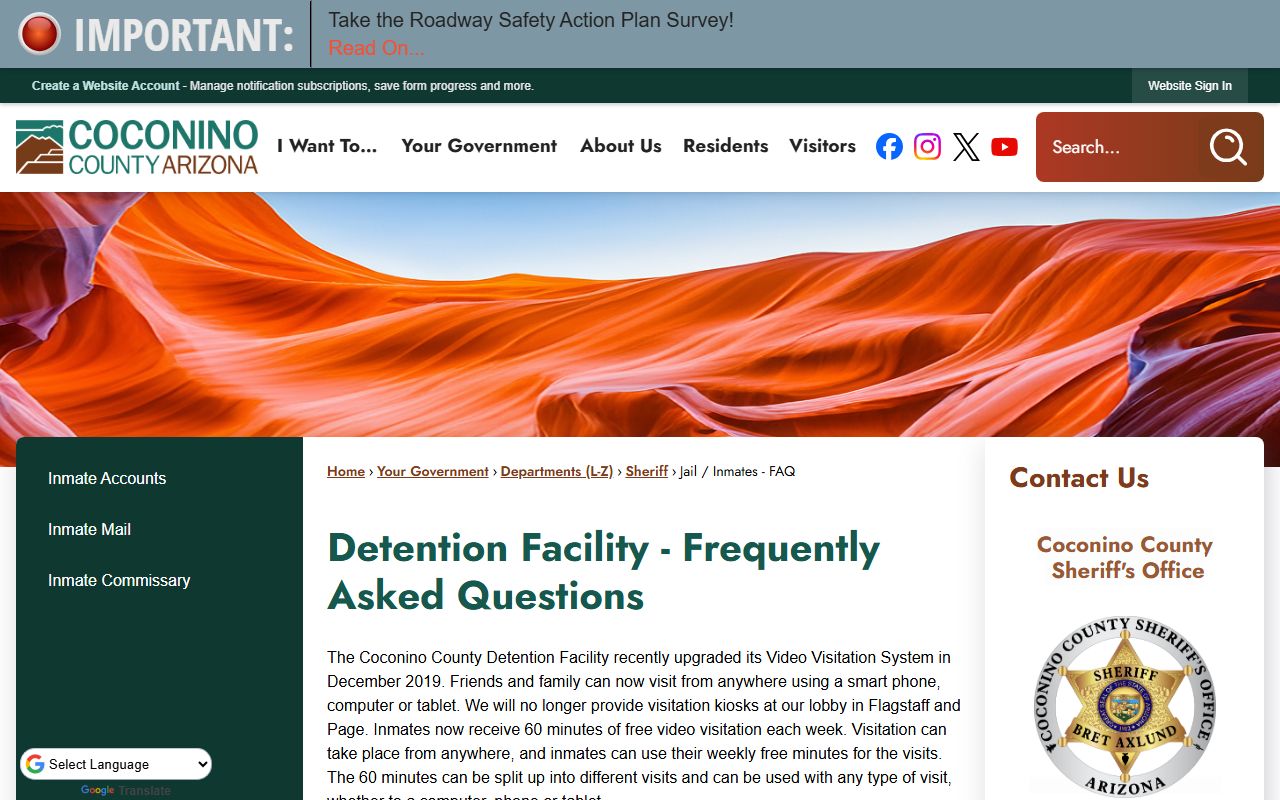 Coconino County jail inmate FAQ page