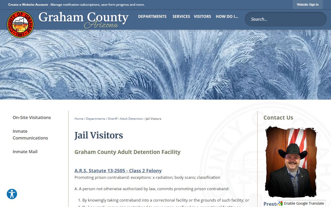 Graham County jail visitors information page