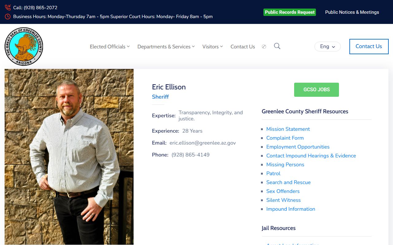 Greenlee County Sheriff Eric Ellison page