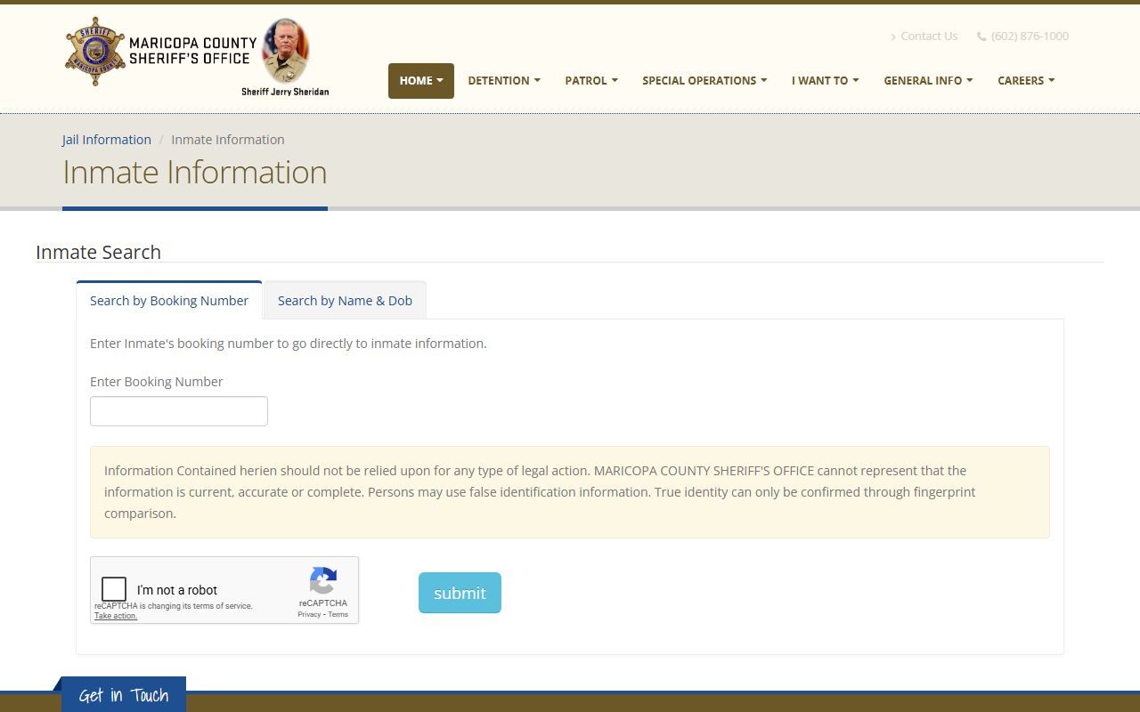 Maricopa County Sheriff inmate search page for jail roster lookup