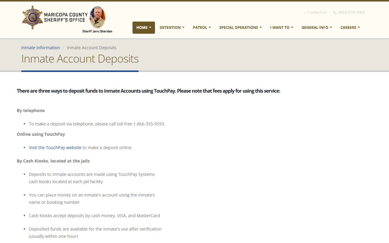 Maricopa County jail inmate accounts and deposit information