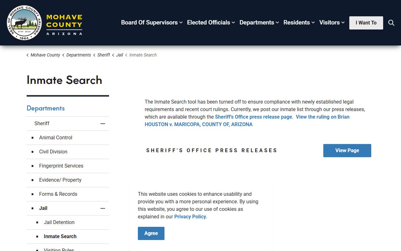 Mohave County inmate search page showing disabled status