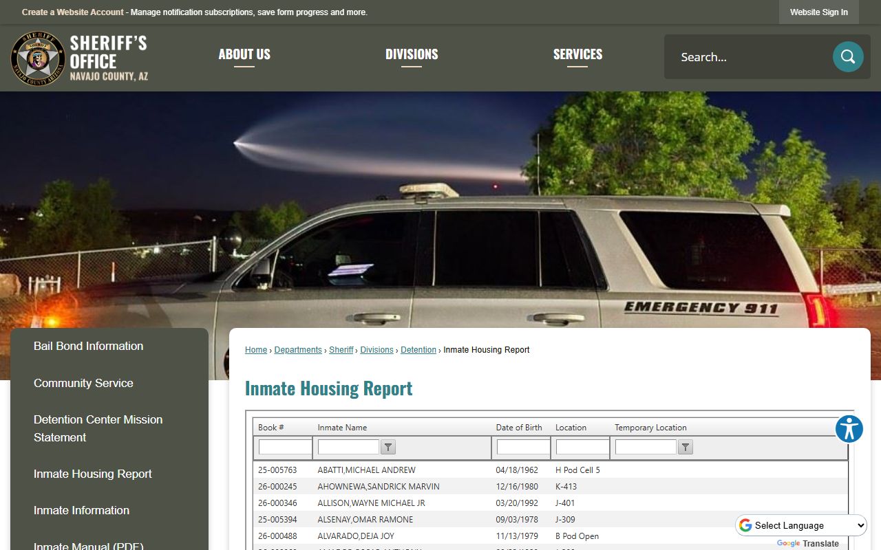 Navajo County inmate housing report page