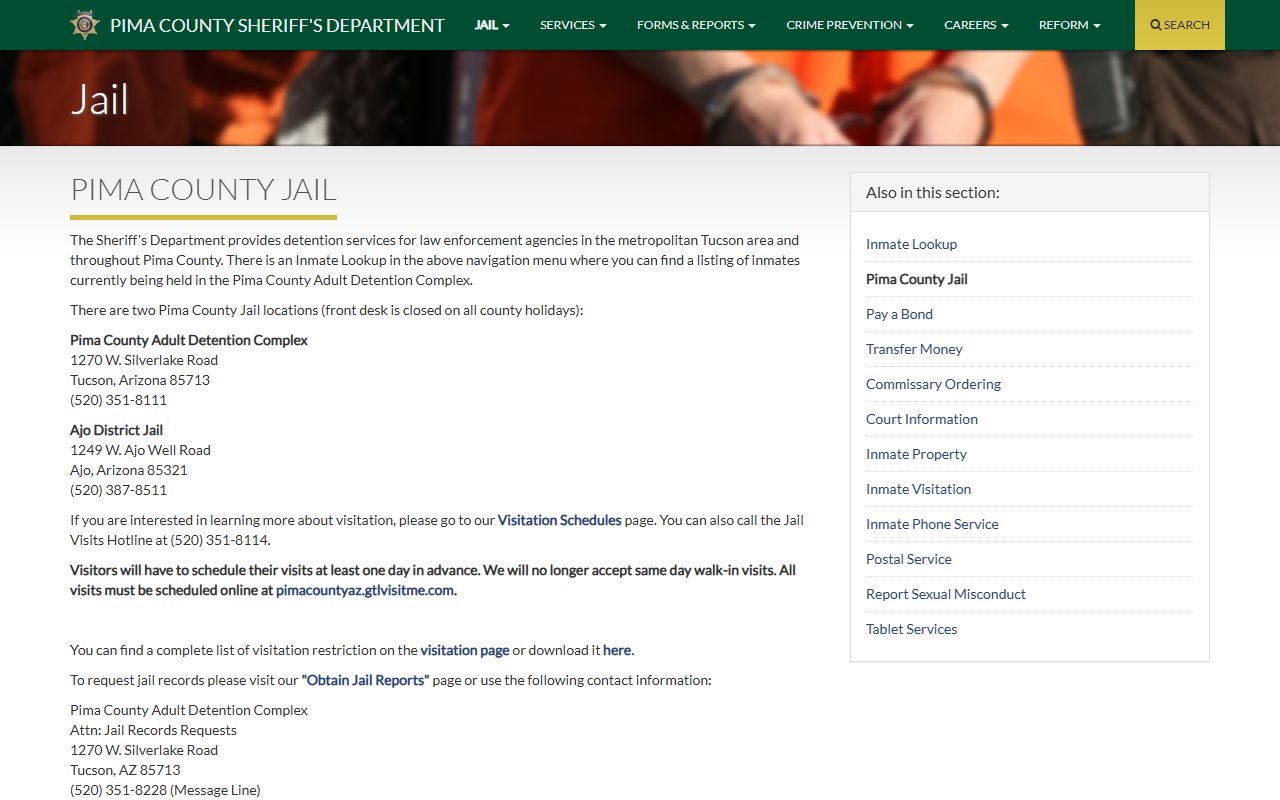 Pima County jail information page