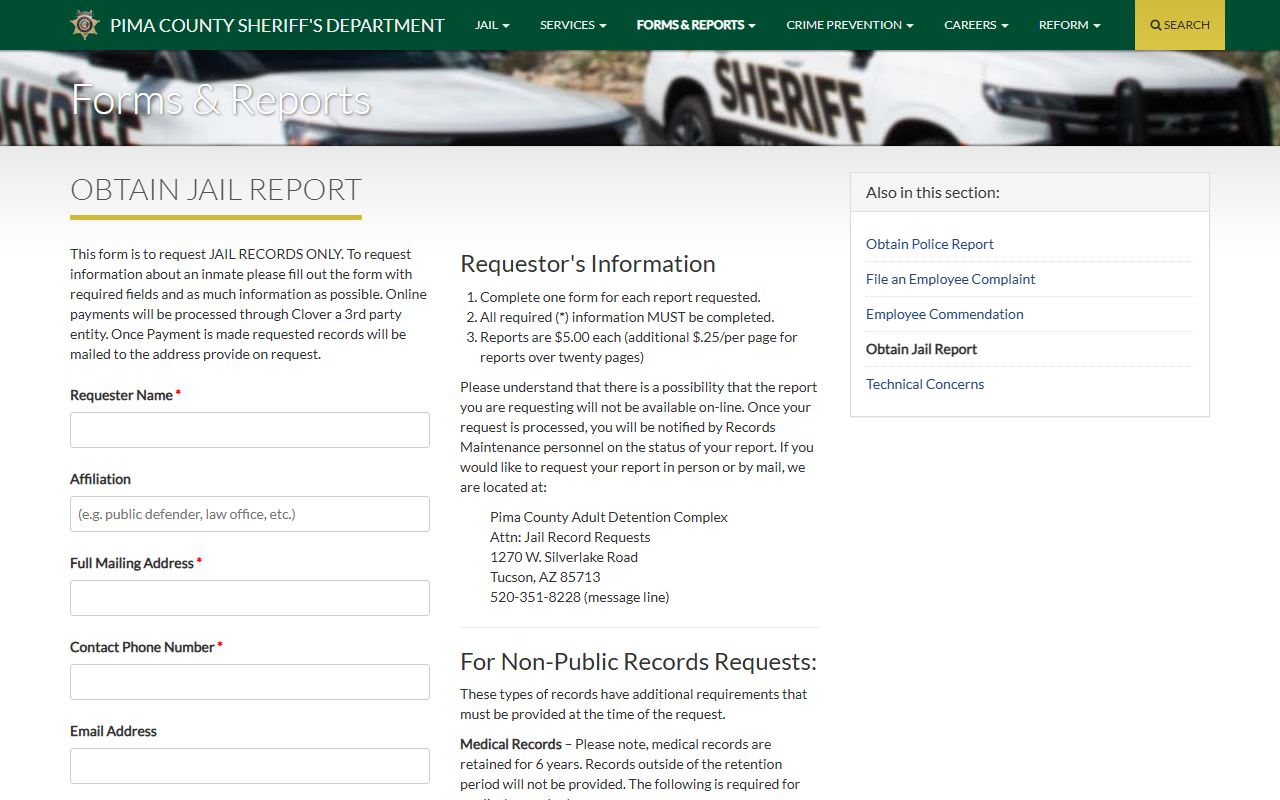 Pima County jail records request page