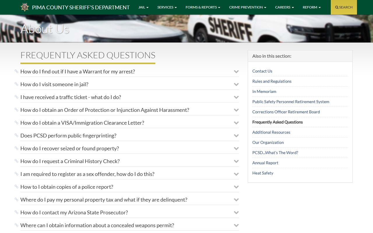 Pima County Sheriff FAQs page