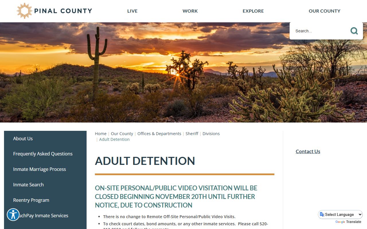 Pinal County Adult Detention Center information page