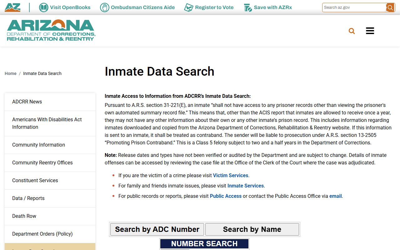 Arizona inmate data search information page