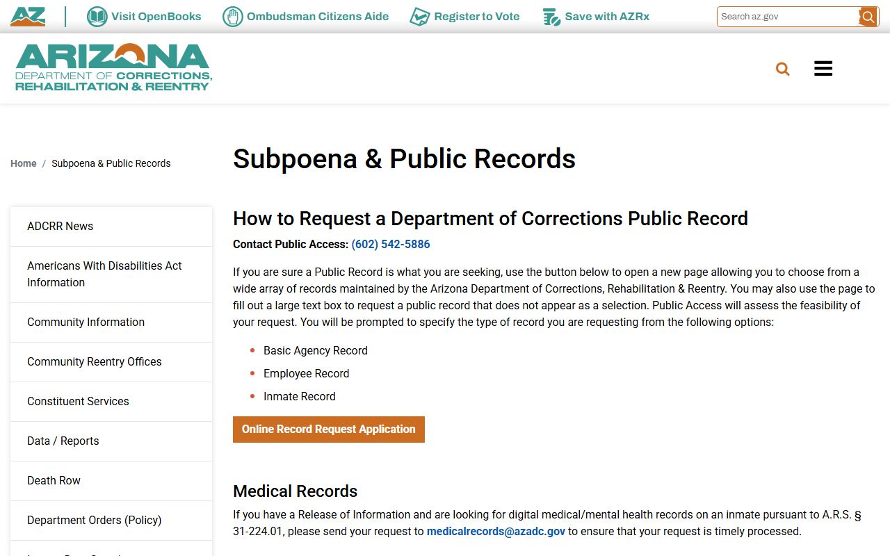 Arizona ADCRR public records request page