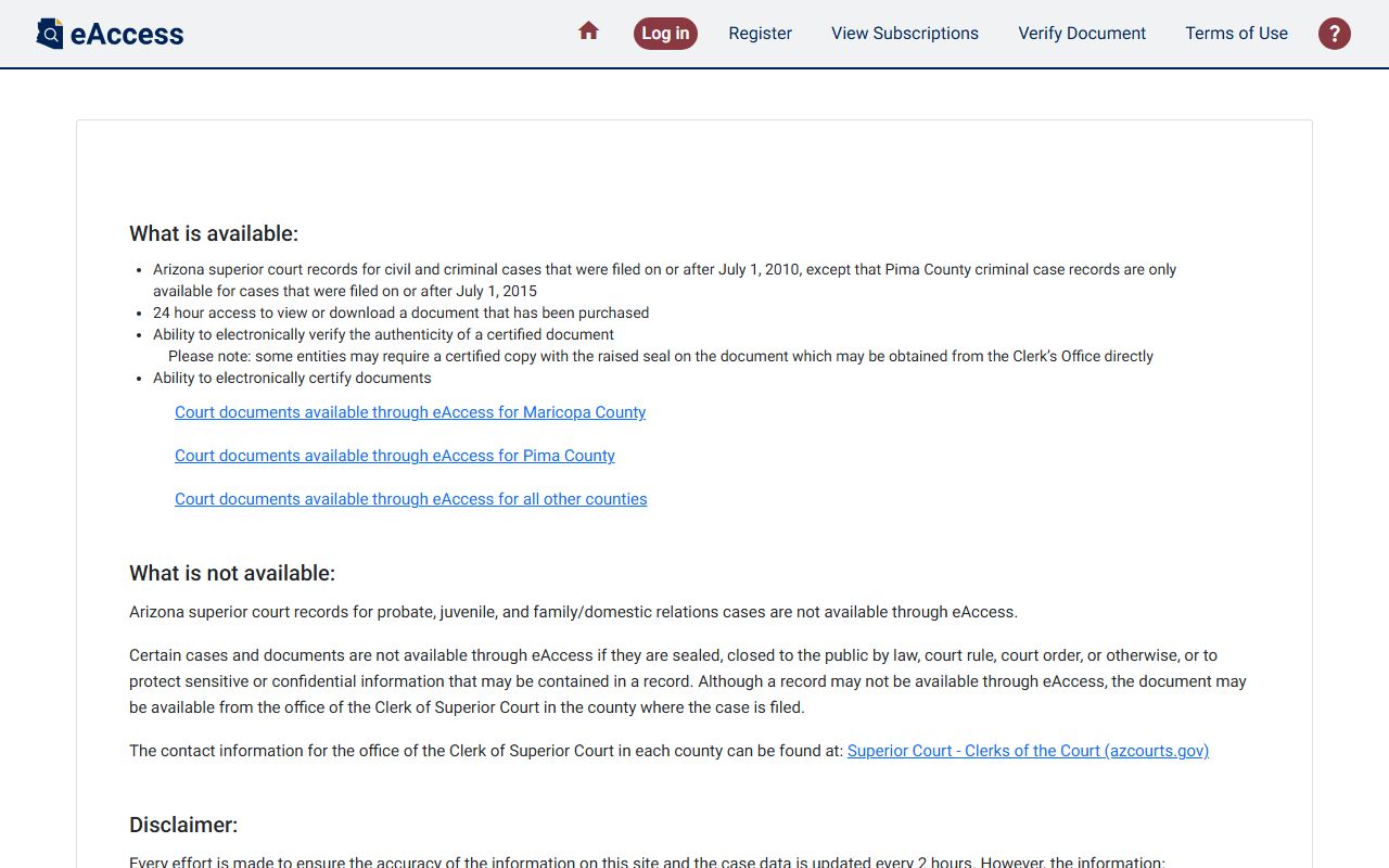 Arizona eAccess Superior Court records portal